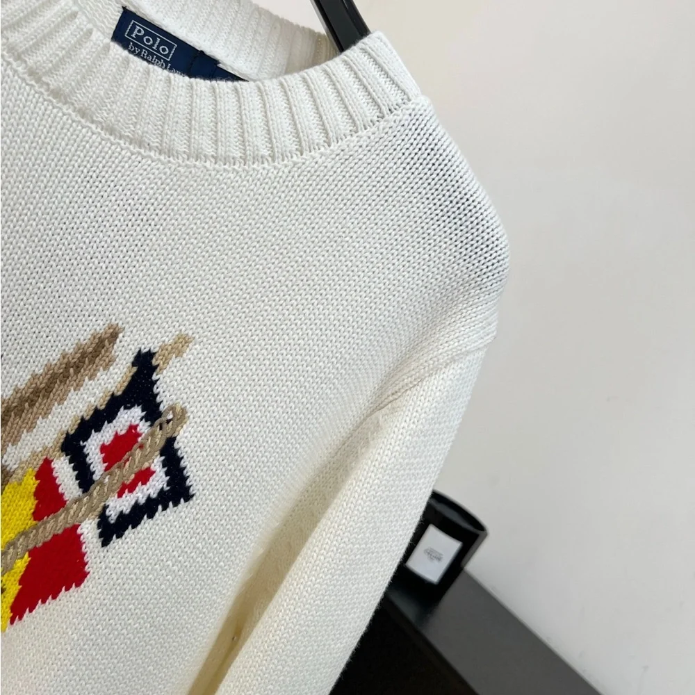 Polo by Ralph Lauren Cream Crewneck Sweater with Bear Intarsia